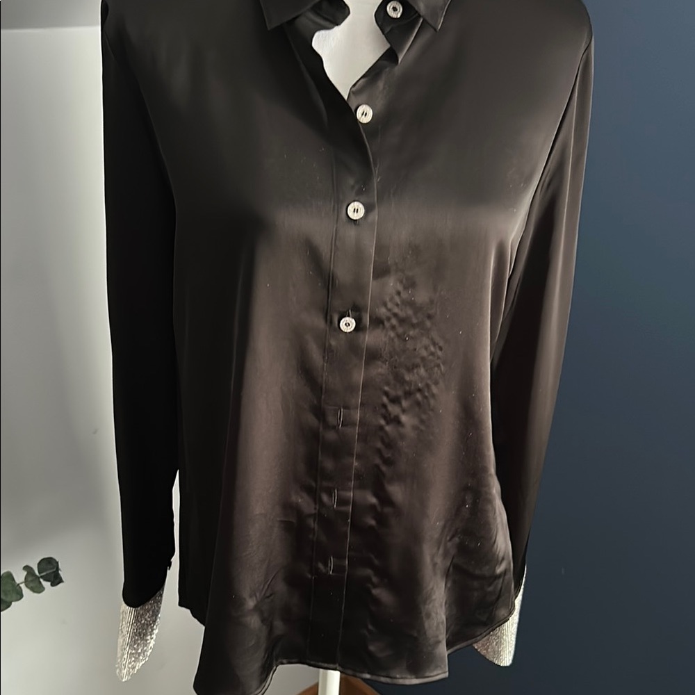 Elegant Black Button-Up Shirt with Silver Accents